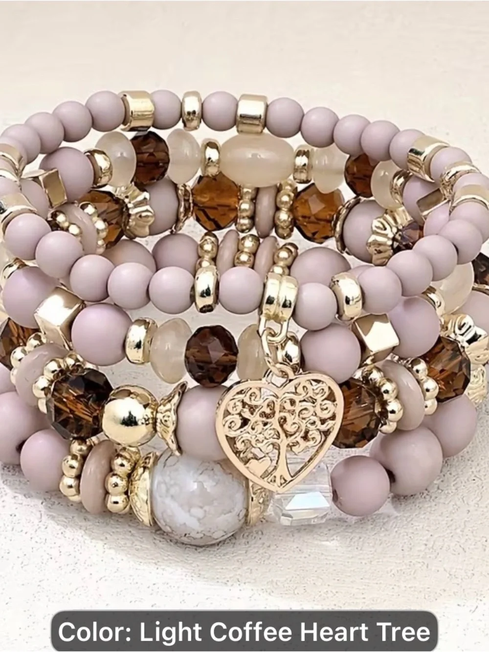 Handmade European & American light pink Beaded Heart Tree Bracelet Stack